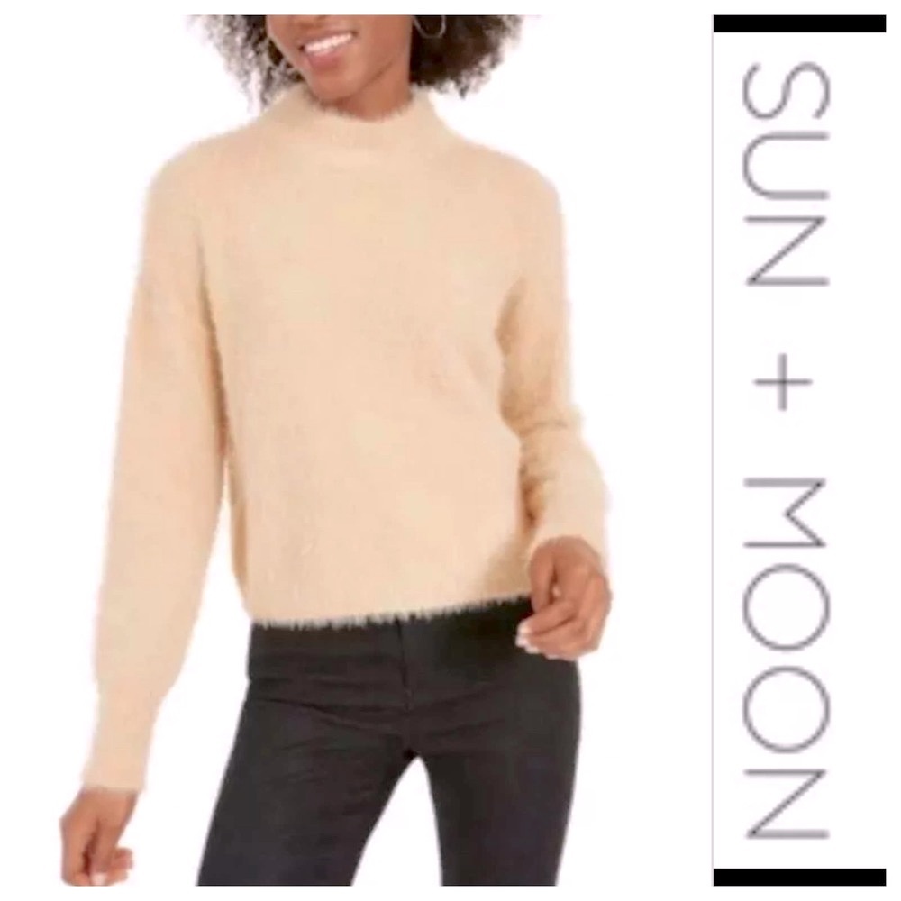 Sun + Moon Fuzzy Sweater Light Camel Brown Mock Neck Long Sleeves Casual Top